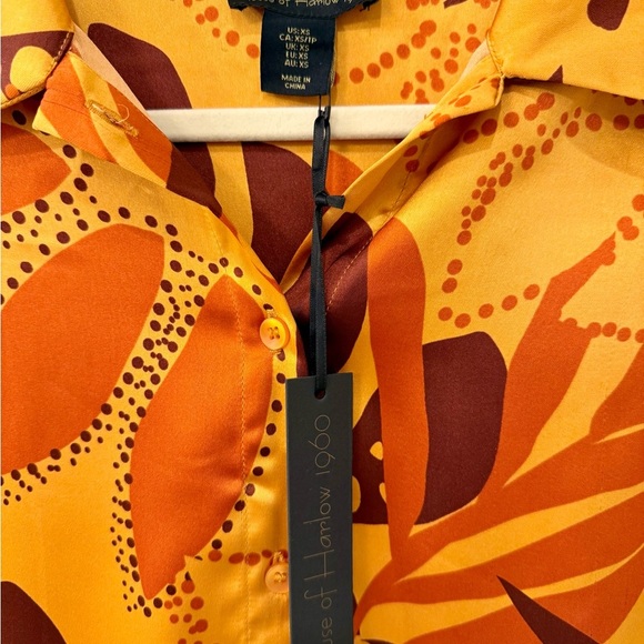 House Of Harlow Satin Button Down ShortSleeve Tropical Boho Retro Top Blouse- XS - Picture 4 of 8